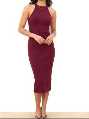 Velvet Torch Burgundy Sleeveless High Neck Bodycon Rayon Dress (M)